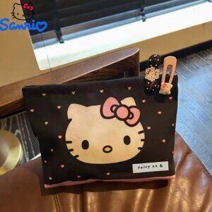Hello Kitty Black White Pink Zip Makeup Bag Pink Bottom NWT